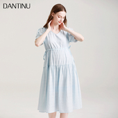 显瘦甜美V领潮妈夏季 外穿洋气抽绳孕妇装 裙子 连衣裙时尚 孕妇夏装