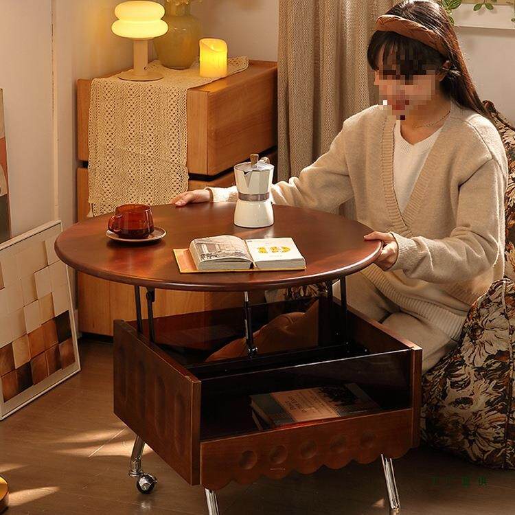 复实木IES可升降移动圆客厅边茶几法式形家用小古户型多中功能茶