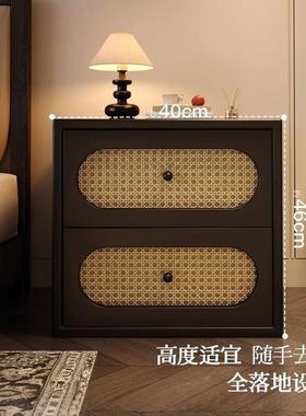 中古风藤编头柜床225款小型卧室家用实木新床边柜复IID古黑色收纳
