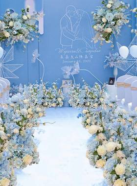 新款蓝色婚礼引SFR场景装饰仿真花艺绢婚庆窗花球路道具酒花店橱