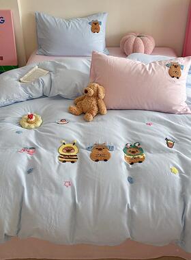 A类全棉层双纱毛绣四巾套卡通萌宠纯棉床单被套可爱床上件用IMQ品
