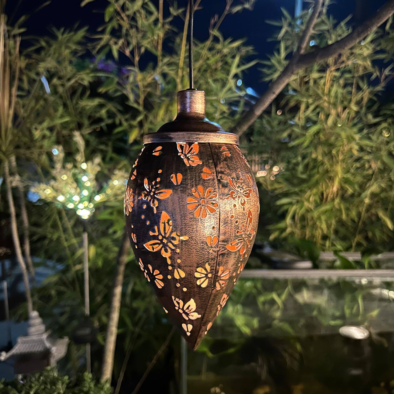 悬挂式水滴太阳能灯蝴蝶花园防水庭院装饰草坪小径挂灯铁艺工艺品