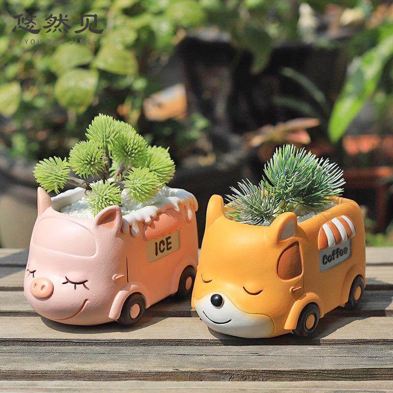 创意可爱卡通动物汽车笔筒收纳小摆件家居桌面装饰品树脂多肉花盆