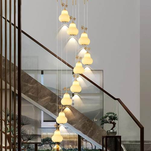 楼梯吊灯简约创意新中式复式楼别墅中空客厅挑空旋转楼梯间长吊灯