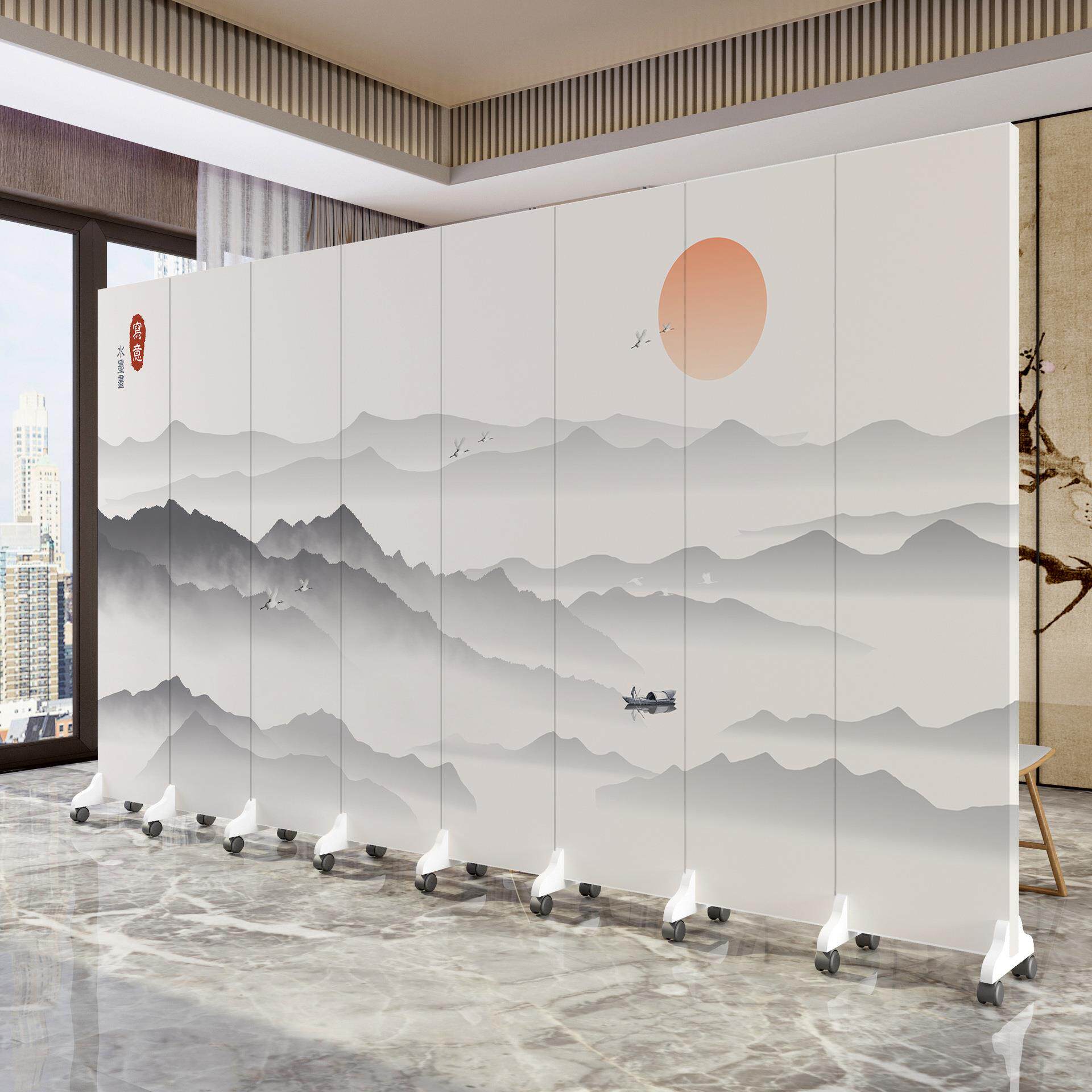屏风办公室隔断新中式山水风景画客厅玄关入户背景墙移动室内折屏