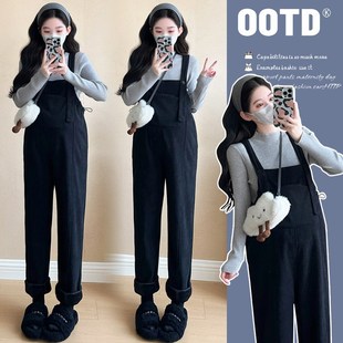 孕妇裤子冬季外穿加绒保暖背带裤宽松大码显瘦休闲裤冬装怀孕长裤