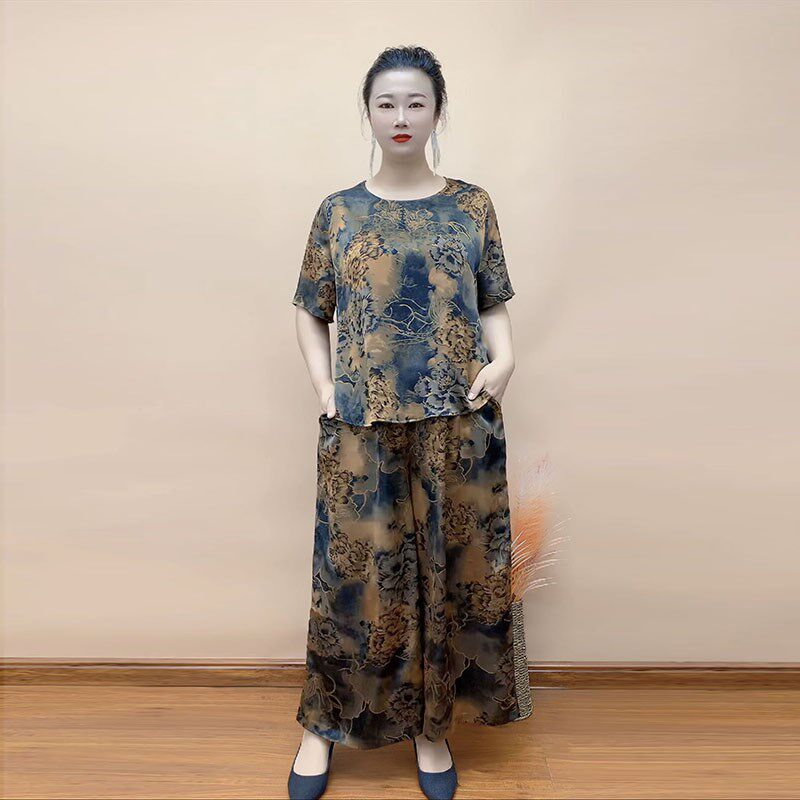 气质妈妈真丝两件套夏季新加肥加时尚套装