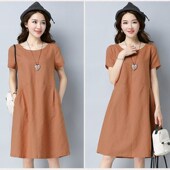 新款 短袖 大码 文艺纯棉漂亮连衣裙女2025夏季 宽松中长款 口袋A字裙
