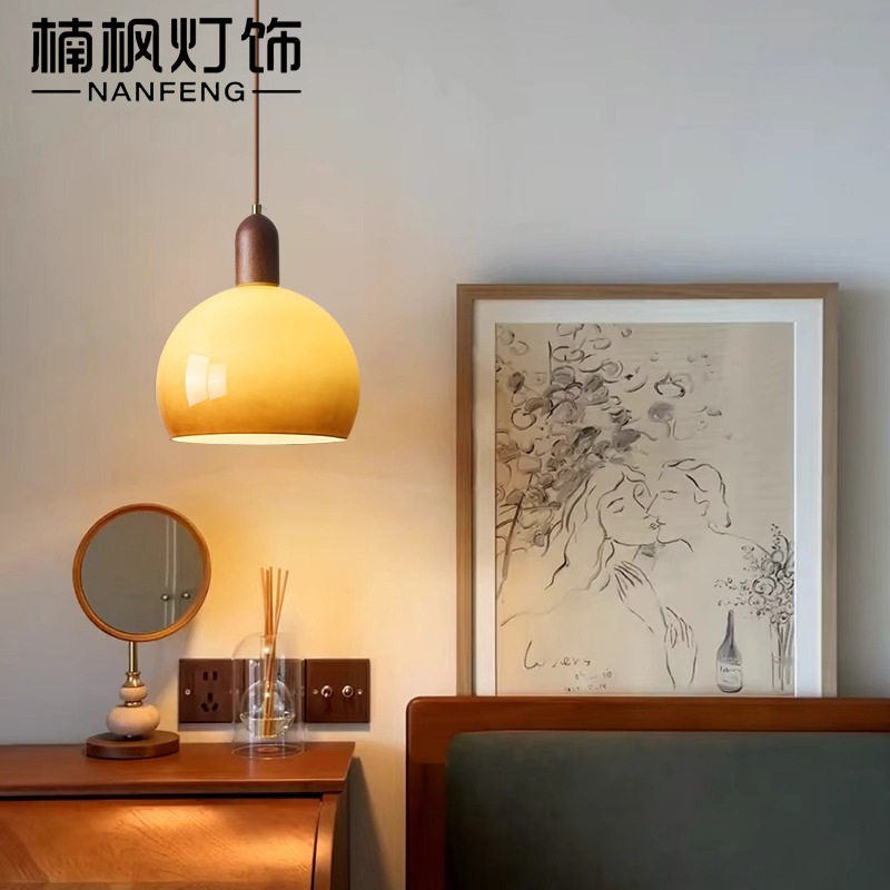 复古美式胡桃木色餐厅吧台灯创意单头吊灯中古风卧室床头吊灯
