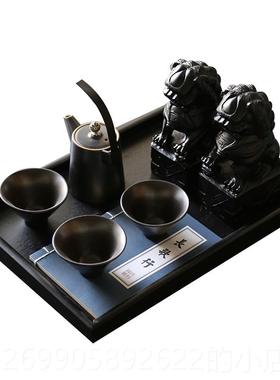 正品样新中式黑色小狮子一对提茶壶托盘套装摆板梁间禅意茶几中古