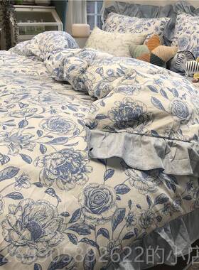 正品ins蓝色花边田园手上绘风床四件套全棉棉被套1.5m18.米纯床单