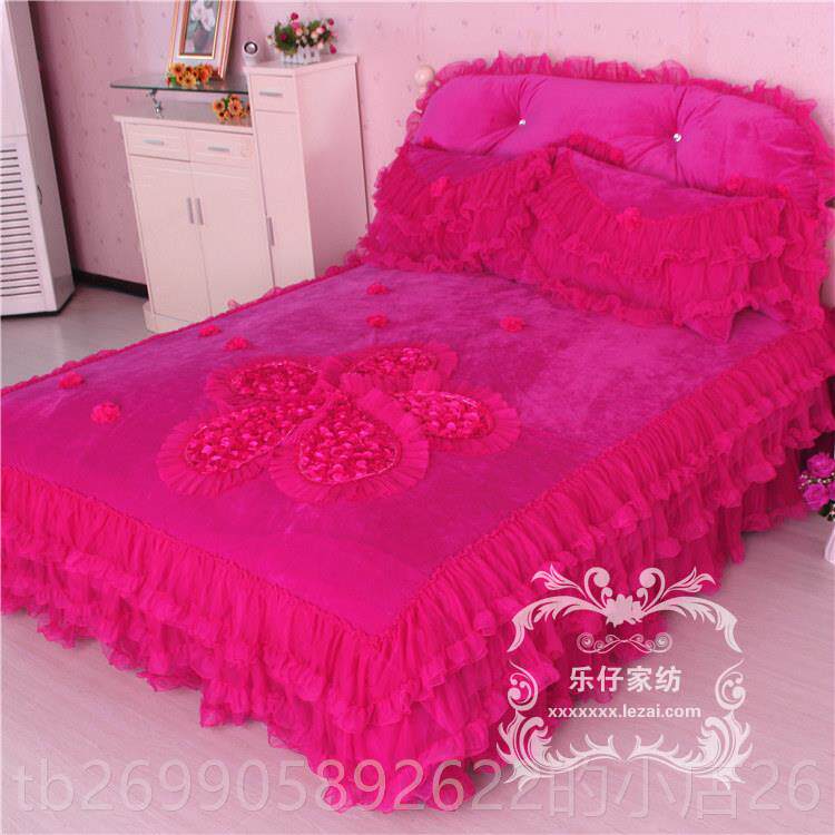 正品冬床绒裙式新款绗缝花四件套少女心双面床床罩被套紫边单色家