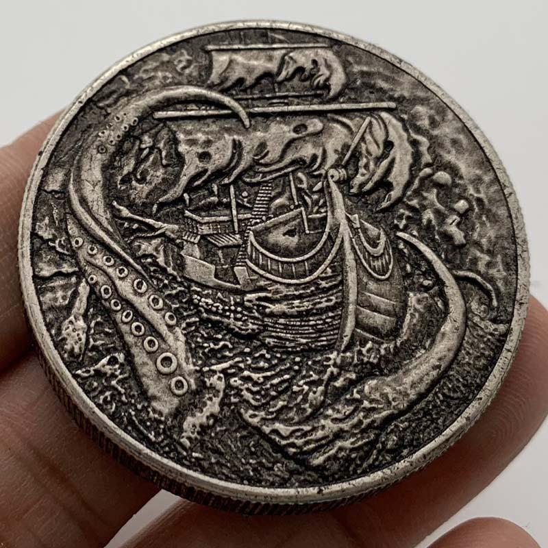 流浪币海盗骷髅章鱼帆船深雕5mm厚纪念章 币40mm铜银硬币纪念币