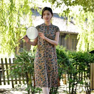 改良版 洋气人造棉显瘦中长款 旗袍裙子 时尚 棉绸连衣裙2024夏季