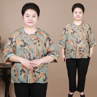 中老年女装 T恤衫 加肥加大码 雪纺短袖 女 透气胖奶奶装 洋气妈妈夏装