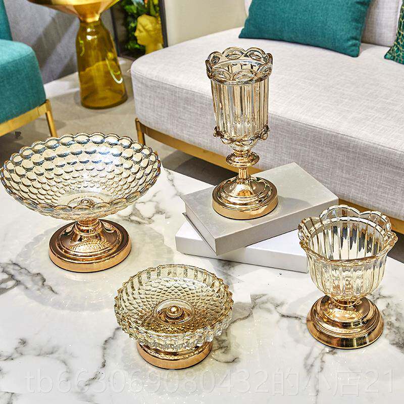 新款奢金色欧式轻水晶果玻璃糖果干罐简约家用客厅茶几水盘花果瓶