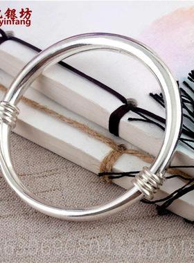 高档纯工打磨9银手镯足银手99纯银女经典实条心镯子光面圆伸缩推