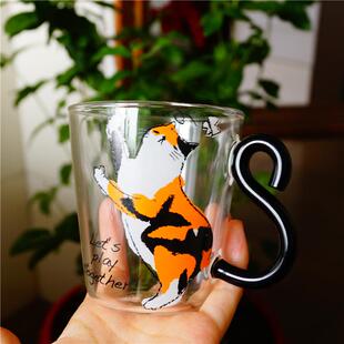 一起玩呀 日系猫咪杂货 玻璃三花猫马克杯 软萌猫咪水杯