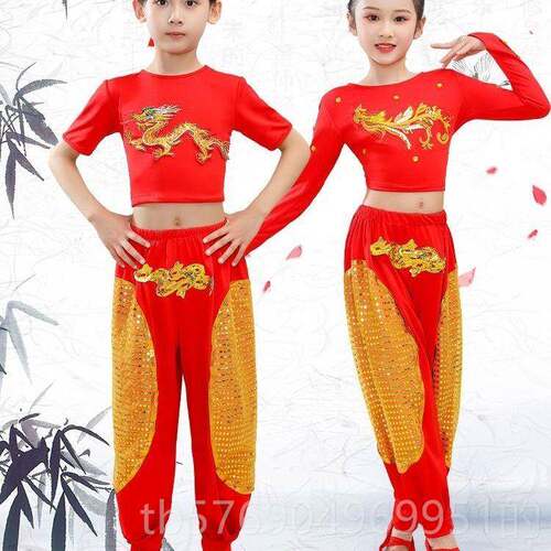 新款儿童少年志古典舞蹈服台装舞服红色女童小打鼓服中表学生扇子
