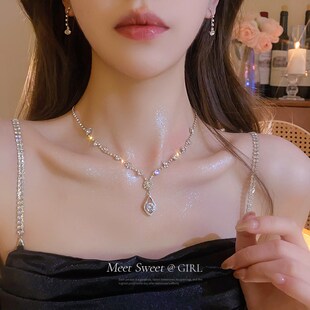 超闪水滴耳钉项链女2024新款轻奢小众锁骨链奢华气质礼服配饰颈链