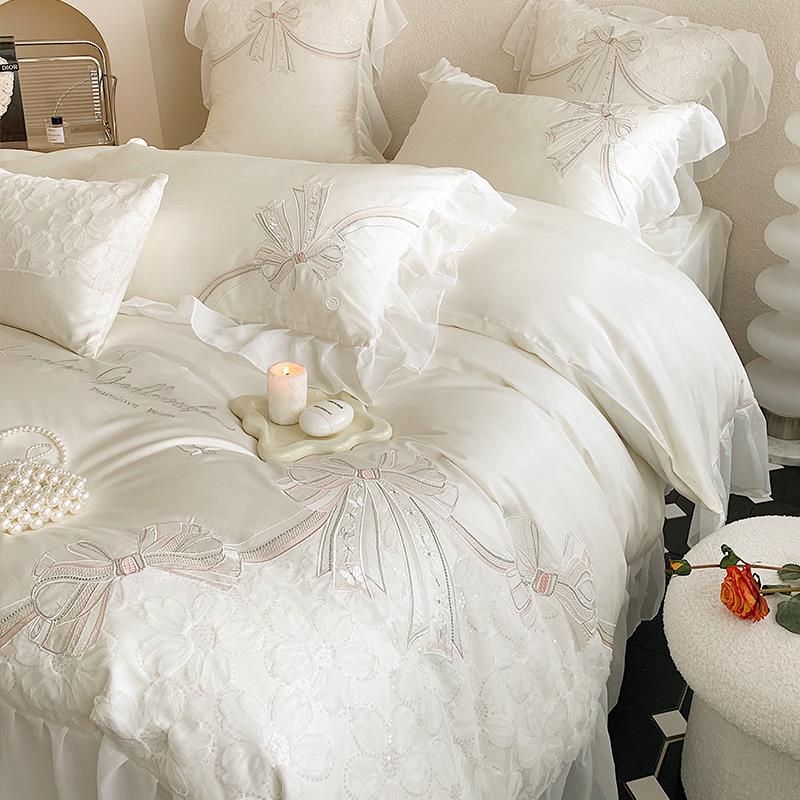 A6L仙441刺气法00支长绒棉四件套纯棉公主风式绣被套白色1床上