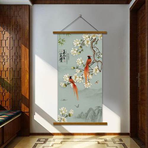 廊5ZW新中式挂F7630594画花鸟喜布艺鹊无框客厅画玄关走装饰画竖