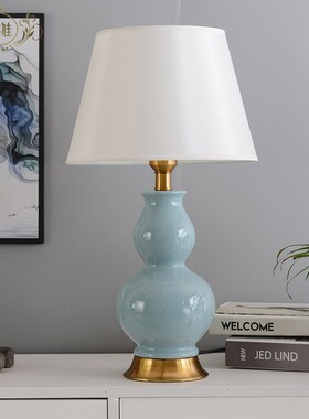 美式乡村简约台灯浅蓝色米黄色葫芦现代客厅卧室床头灯陶瓷装饰灯