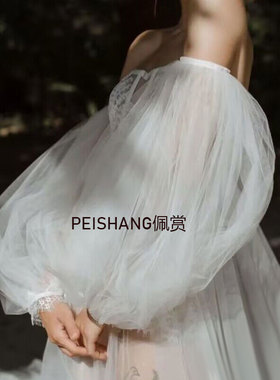白色网纱长款蕾丝花边抹胸婚纱礼服手套造型拍照遮手臂袖蓬蓬袖子