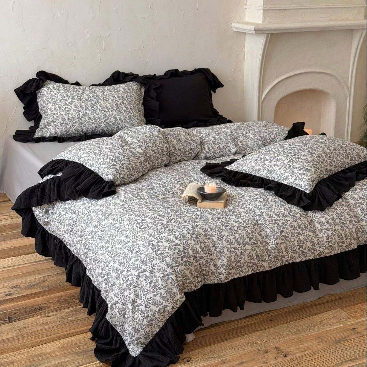 式碎花黑色花边四JAY件套全法米棉双层纱床单被套床8笠1.床上用品,鲜花速递/花卉仿真/绿植园艺,其它园艺用品,淘宝优惠券,粉丝福利购,淘宝优惠卷