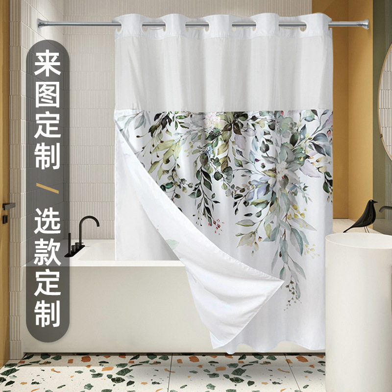 跨境印花大扣双层拼接浴帘防水防霉浴室窗帘田园风酒店浴帘套装