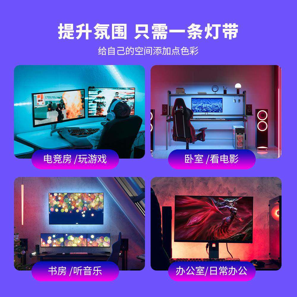 RGB围灯带电脑电房竞桌面显示器背景同氛66727屏幕追光自步粘电视