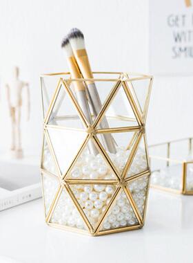 大六角圆柱化透妆桌笔刷桶珍玻璃面明收纳盒欧式防尘美CSM-H181妆