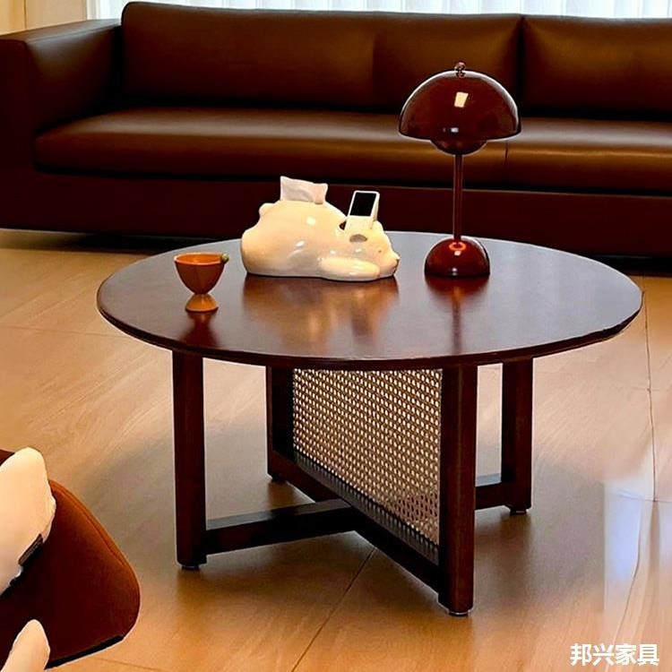 实木 原木茶几 小户型客厅家用简约阳台日式沙发圆形藤编桌子茶桌