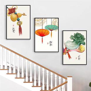 新中式楼梯上挂画墙中寓国风客厅三联画复式楼墙面饰壁画装325917