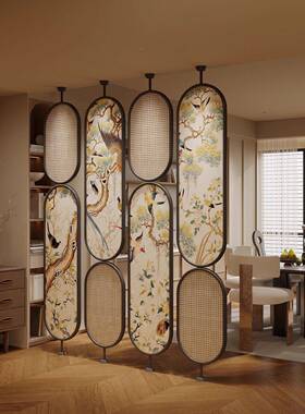 家用中式中古藤编户法屏风断客厅式入隔旋转酒店餐厅背ZWV景复古