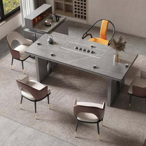 现代岩板茶桌餐一两体办公室茶大台桌椅组合多功岛能PCS2.6m茶桌