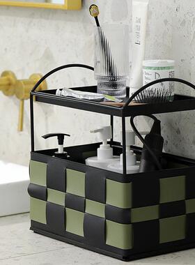 P收U拼色二层置物架手工编织纳HM2318筐棋盘格奢桌高面收纳架档轻