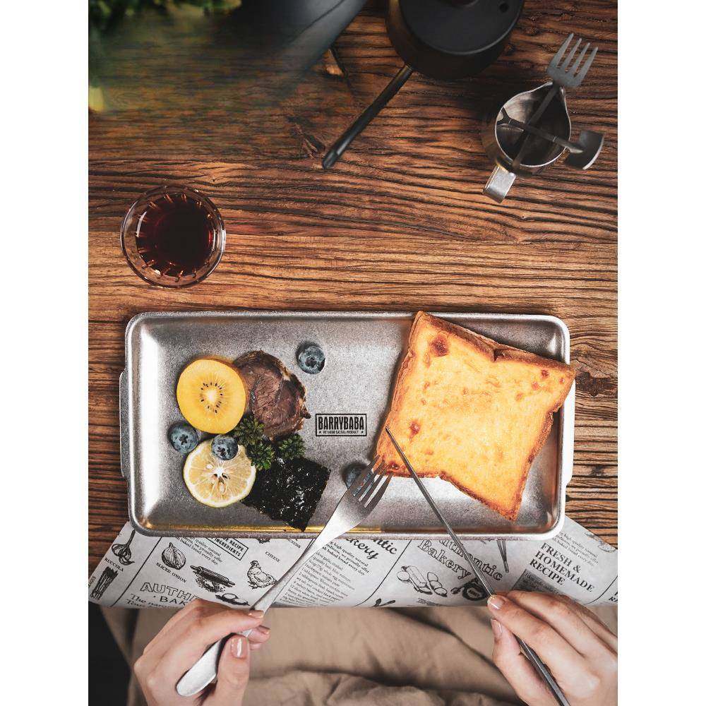 锈钢西餐盘家用复不古方形平底托盘餐做旧磨AJS砂风烤肉盘烧烤盘