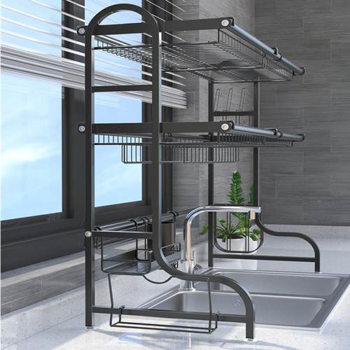 黑色~不款锈钢厨房置9物架伸缩650cH32C90m三层水槽碗碟沥水架量