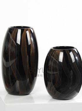 中式约简黑色条纹手工璃花瓶样板售楼处桌面软OLE琉装间创意摆件
