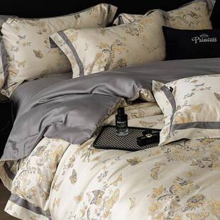 冬轻奢莱赛Bedding尔灰棉端秋磨毛四件套高提花拼角被套床盖床上