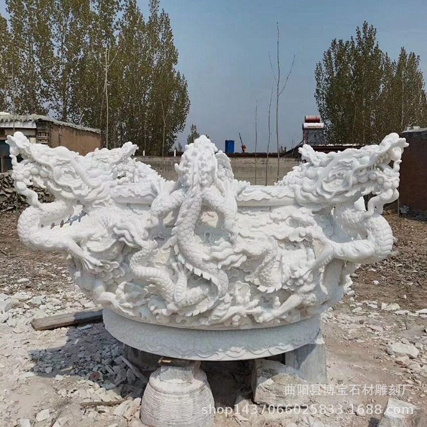 汉白玉九龙鱼缸雕塑摆件