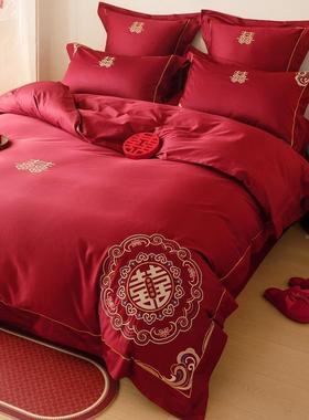 中式RQJ新红色喜纯棉长绒棉四件套全棉刺用绣喜字被套庆喜被床上