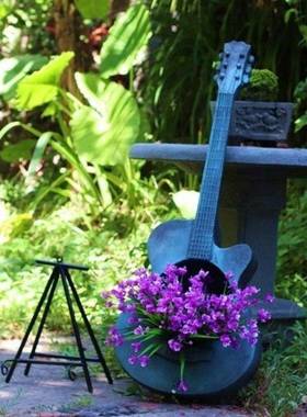 阳台花户外装饰盆创意店门口布置吉他花园古做旧琴园艺复景AGE观