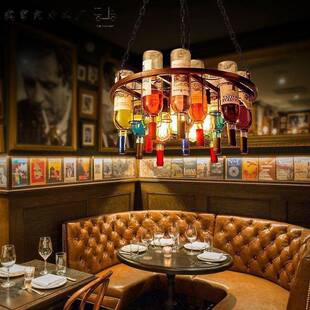 古工业铁艺创玻璃灯具风酒瓶装复饰餐厅理发店97意个性酒吧台吊灯