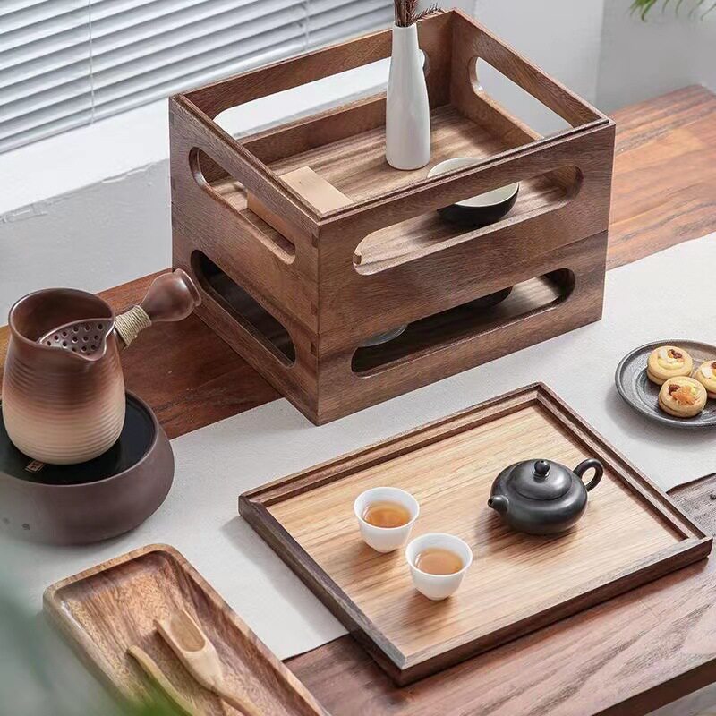 日式木质有盖茶具收纳盒