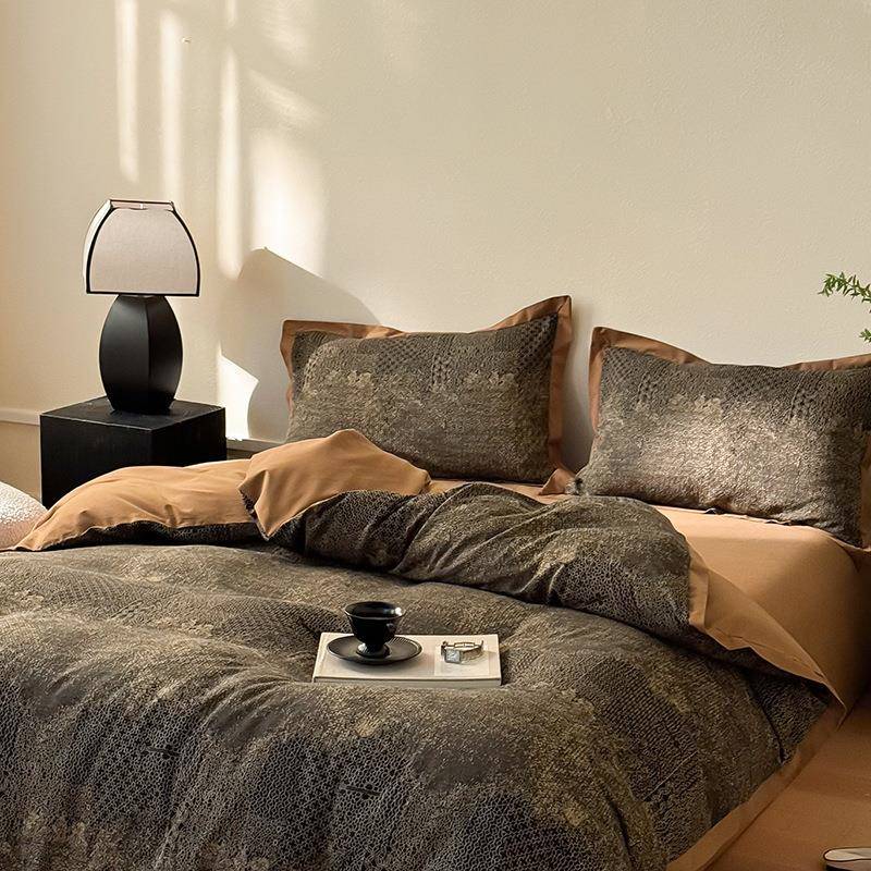 美式10奢工0支全棉毛大提磨花重艺款J13四件套轻风撞色宽边床上用