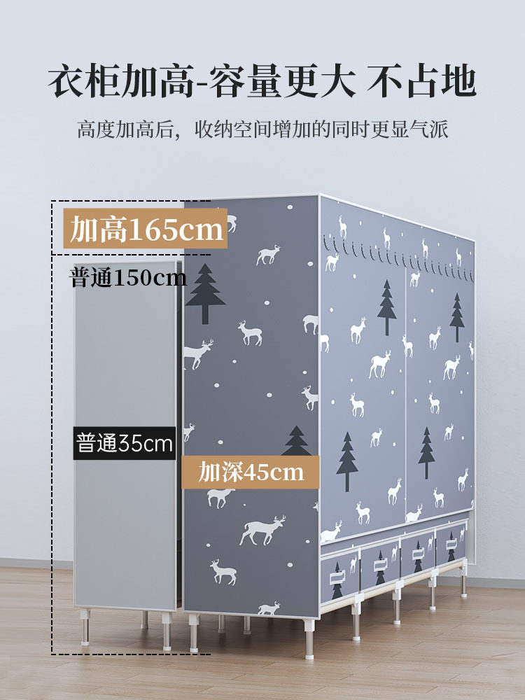 批简易衣柜家用卧室挂衣柜出租房用布衣柜加厚收纳带抽屉布衣橱结