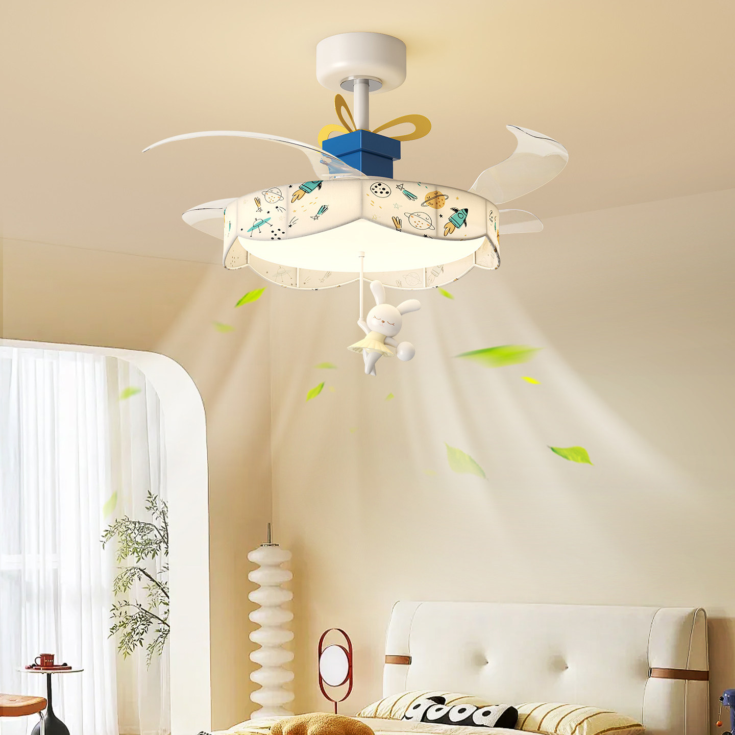 2026新款灯具法式奶油风儿童房风扇灯宋式美学卡通吊坠卧室电扇灯