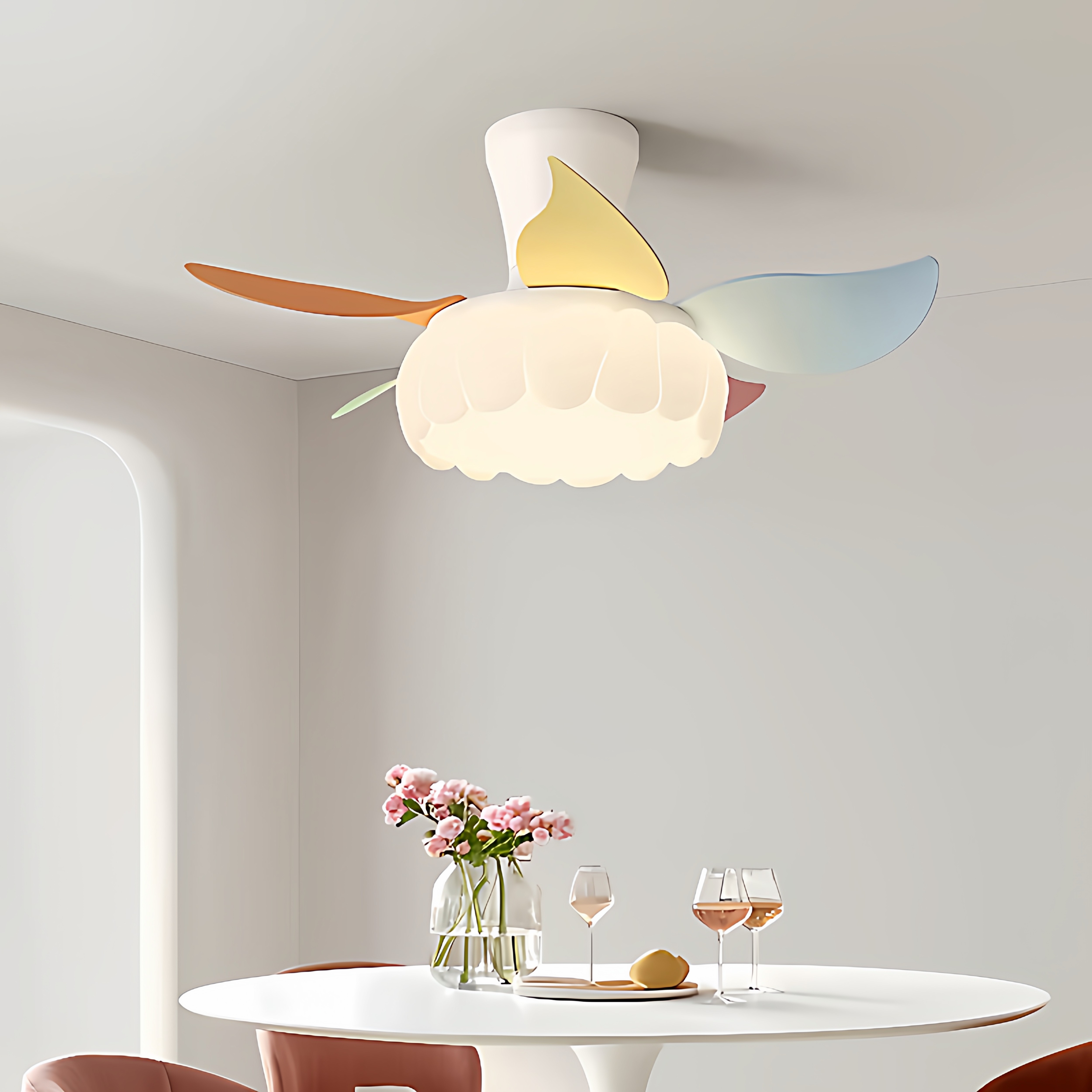 风扇灯马卡龙色吊扇灯奶油风男孩女孩房间卧室儿童房客厅厨房灯